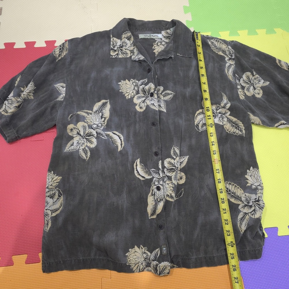 Tommy Bahama Men's‎ 100% Silk Hawaiian Shirt L Floral Hibiscus Gray Short Sleeve